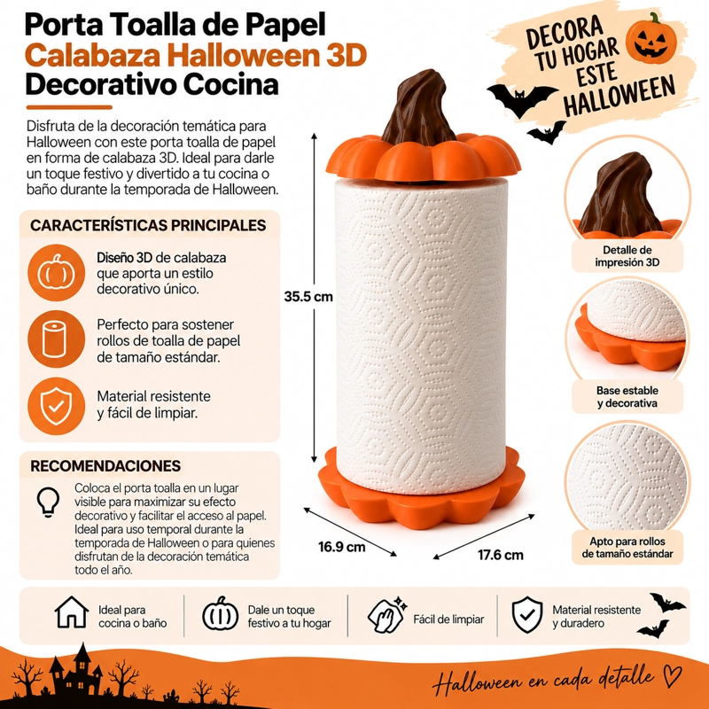 PORTA TOALLA DE PAPEL CALABAZA HALLOWEEN 3D DECORATIVO COCINA - 4