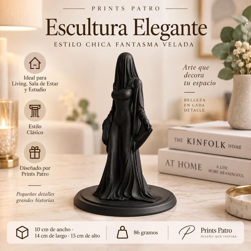 ESCULTURA ELEGANTE PRINTS PATRO - ESTILO CHICA FANTASMA VELADA NEGRO - 1