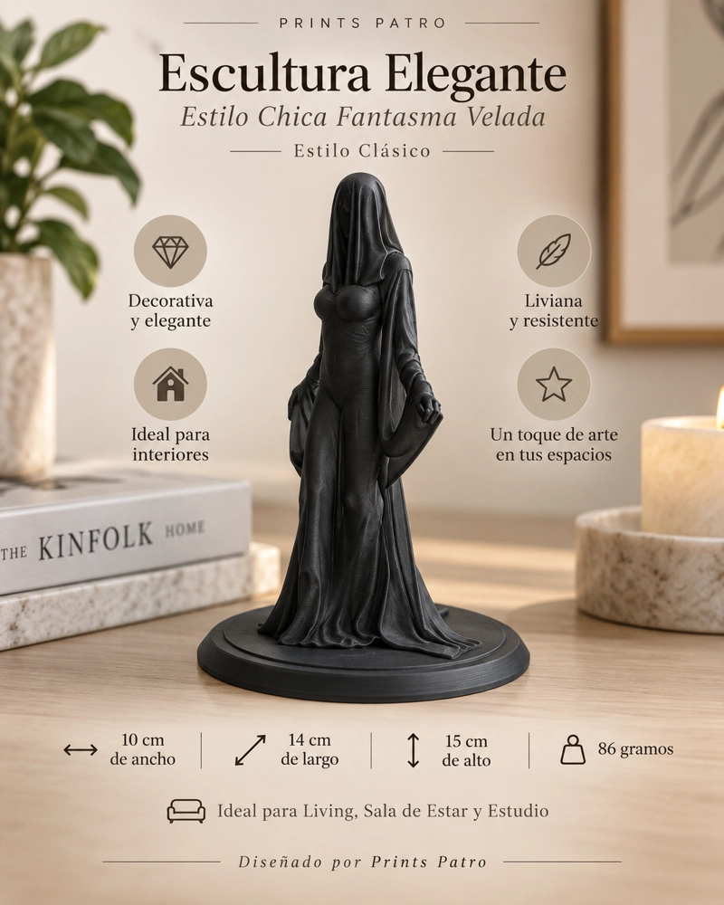 ESCULTURA ELEGANTE PRINTS PATRO - ESTILO CHICA FANTASMA VELADA NEGRO - 3