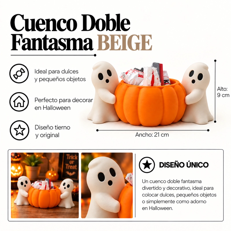 BOWL DECORATIVO- DOBLE FANTASMA CALABAZA 9 CM BEIGE - 2