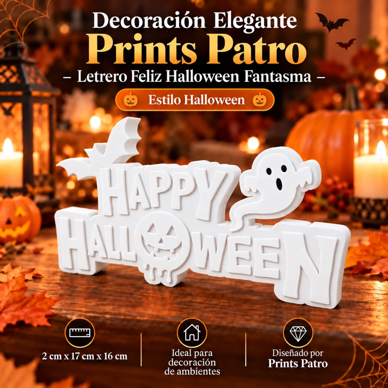 DECORACION ELEGANTE PRINTS PATRO - LETRERO FELIZ HALLOWEEN FANTASMA BLANCO - 1