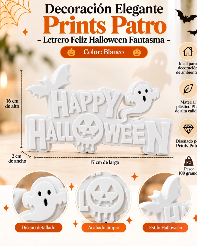 DECORACION ELEGANTE PRINTS PATRO - LETRERO FELIZ HALLOWEEN FANTASMA BLANCO - 3