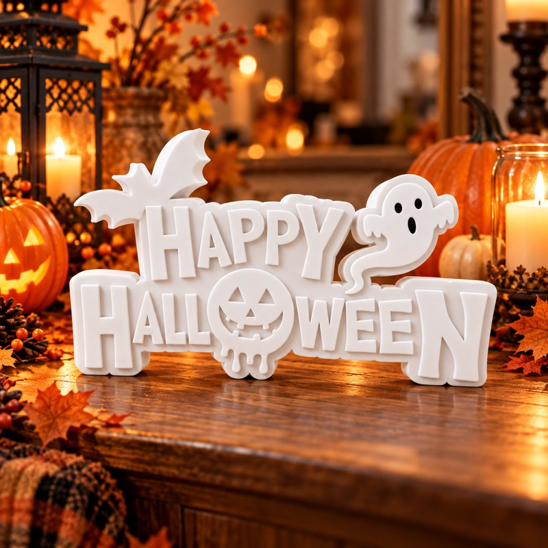 DECORACION ELEGANTE PRINTS PATRO - LETRERO FELIZ HALLOWEEN FANTASMA BLANCO - 4