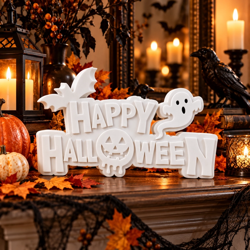 DECORACION ELEGANTE PRINTS PATRO - LETRERO FELIZ HALLOWEEN FANTASMA BLANCO - 5