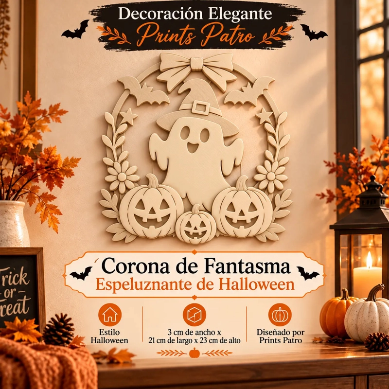 DECORACION ELEGANTE PRINTS PATRO - CORONA DE FANTASMA ESPELUZNANTE DE HALLOWEEN BEIGE - 1