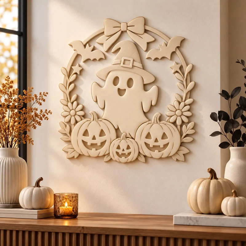 DECORACION ELEGANTE PRINTS PATRO - CORONA DE FANTASMA ESPELUZNANTE DE HALLOWEEN BEIGE - 2