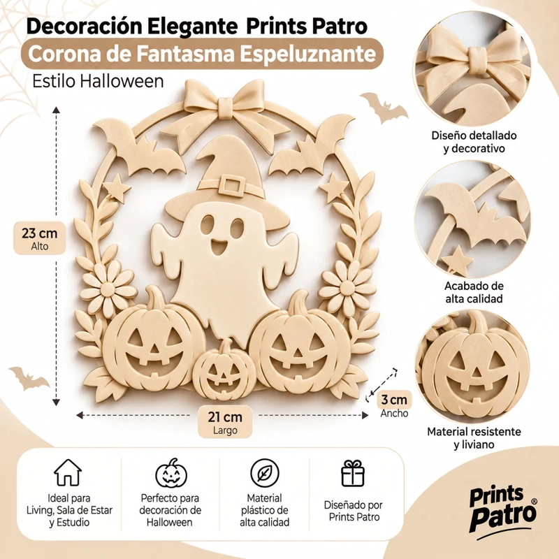 DECORACION ELEGANTE PRINTS PATRO - CORONA DE FANTASMA ESPELUZNANTE DE HALLOWEEN BEIGE - 3