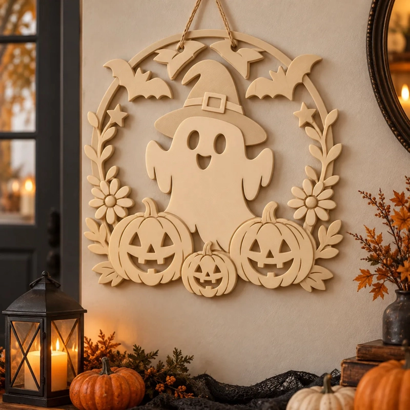 DECORACION ELEGANTE PRINTS PATRO - CORONA DE FANTASMA ESPELUZNANTE DE HALLOWEEN BEIGE - 4