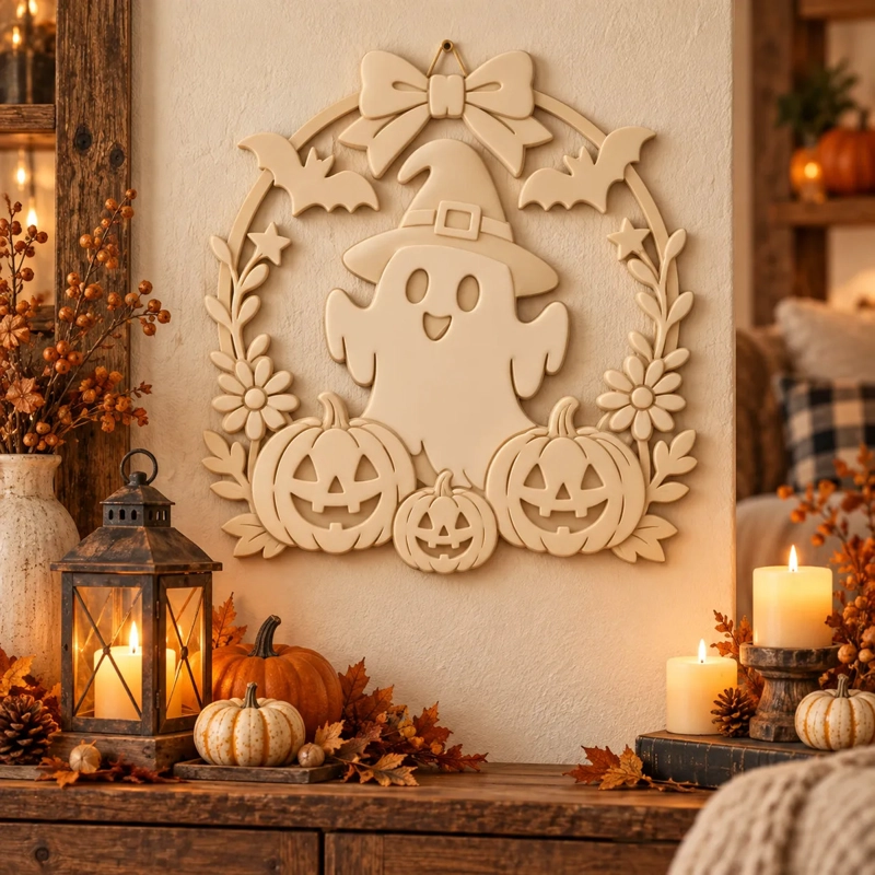 DECORACION ELEGANTE PRINTS PATRO - CORONA DE FANTASMA ESPELUZNANTE DE HALLOWEEN BEIGE - 5