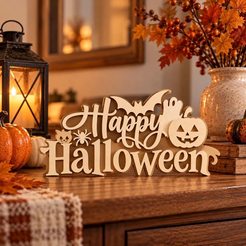 DECORACION HALLOWEEN PRINTS PATRO - LETRERO DE HAPPY HALLOWEEN BEIGE - 1