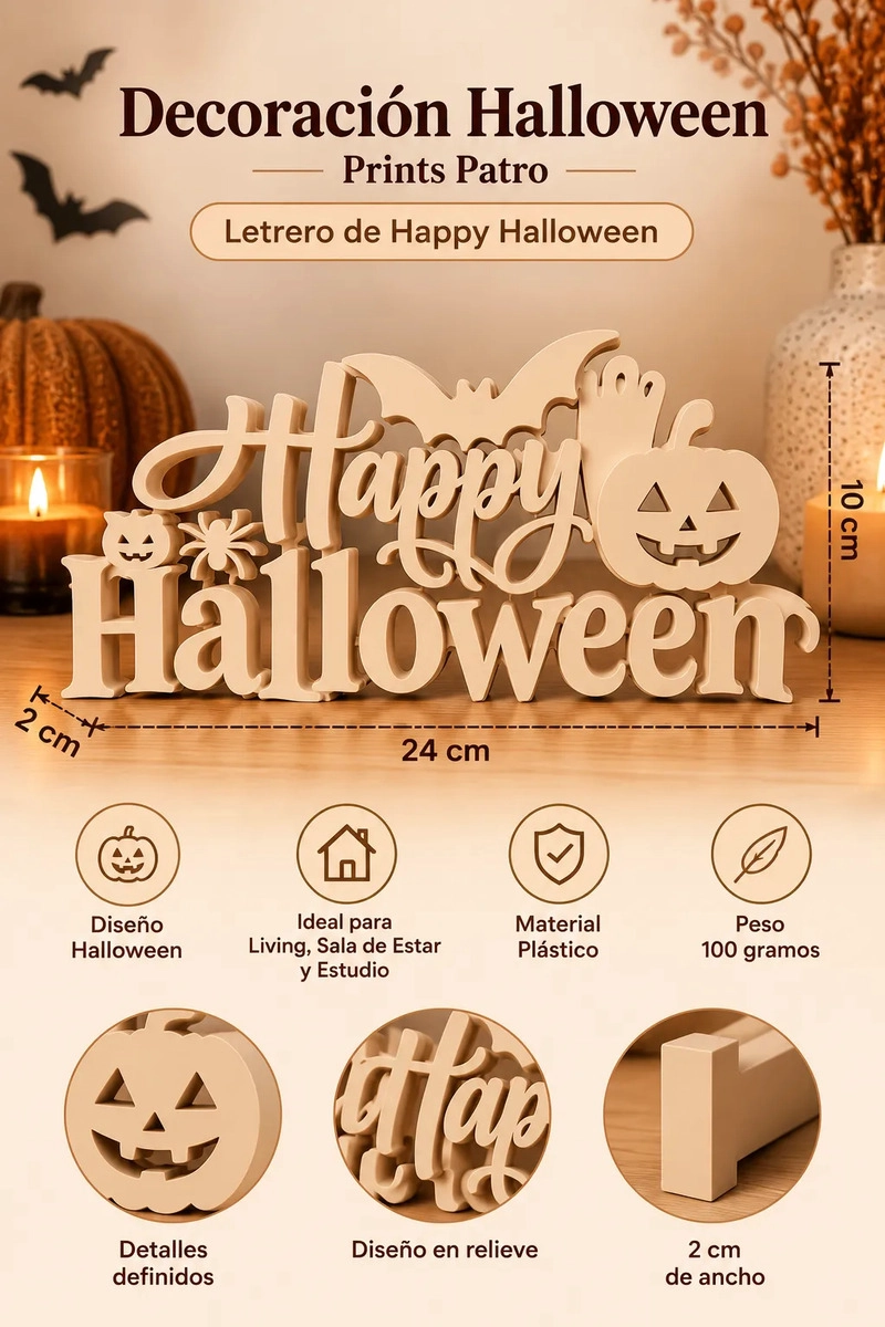 DECORACION HALLOWEEN PRINTS PATRO - LETRERO DE HAPPY HALLOWEEN BEIGE - 2
