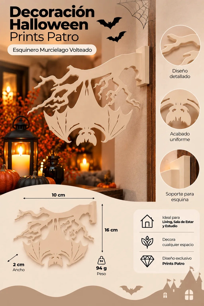 DECORACION HALLOWEEN PRINTS PATRO - ESQUINERO MURCIELAGO VOLTEADO BEIGE - 3