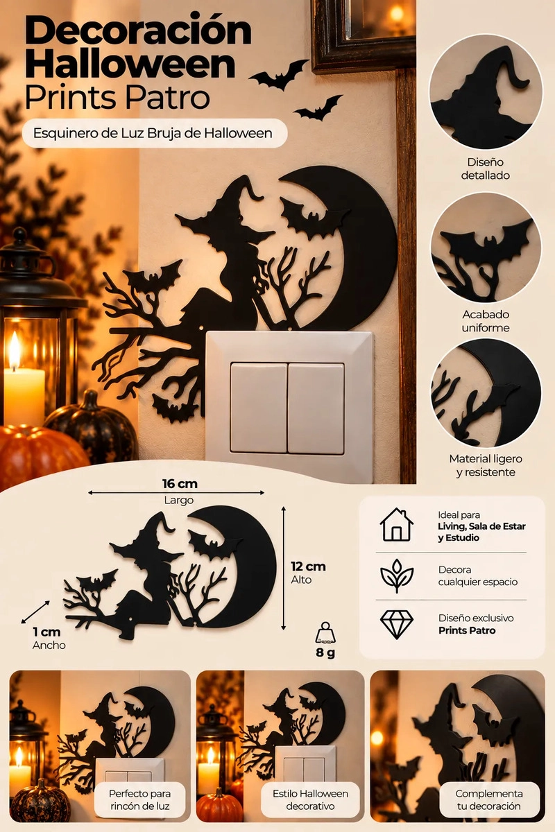 DECORACION HALLOWEEN PRINTS PATRO - ESQUINERO DE LUZ BRUJA DE HALLOWEEN NEGRO - 3