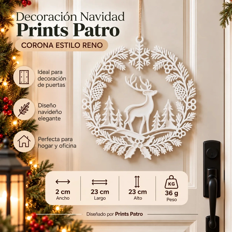 DECORACION NAVIDAD PRINTS PATRO - CORONA ESTILO RENO BLANCO - 1