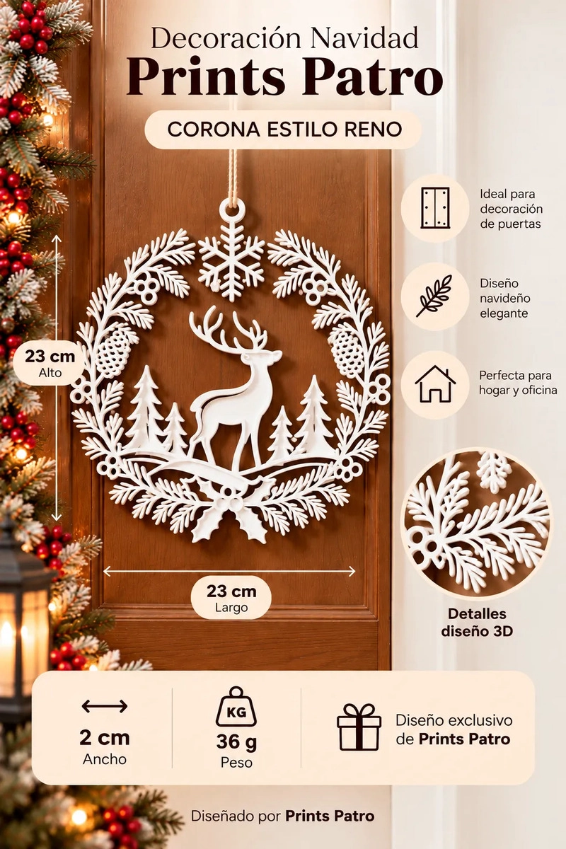 DECORACION NAVIDAD PRINTS PATRO - CORONA ESTILO RENO BLANCO - 3