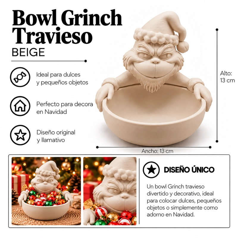 BOWL DECORATIVO- GRINCH TRAVIESO NAVIDAD 13 CM BEIGE - 2