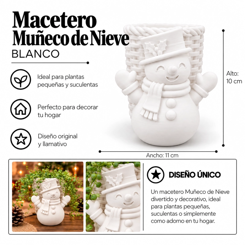 MACETERO DECORATIVO NAVIDAD- MUÑECO DE NIEVE 10 CM BLANCO - 2