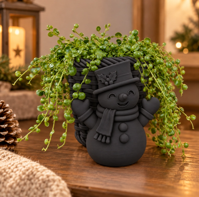 MACETERO DECORATIVO NAVIDAD- MUÑECO DE NIEVE 10 CM NEGRO - 1