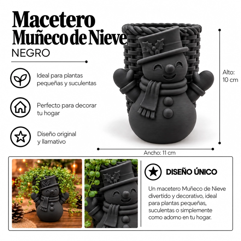 MACETERO DECORATIVO NAVIDAD- MUÑECO DE NIEVE 10 CM NEGRO - 2