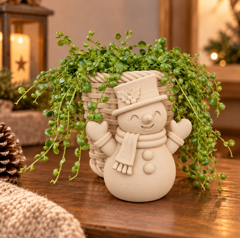 MACETERO DECORATIVO NAVIDAD- MUÑECO DE NIEVE 10 CM BEIGE - 1