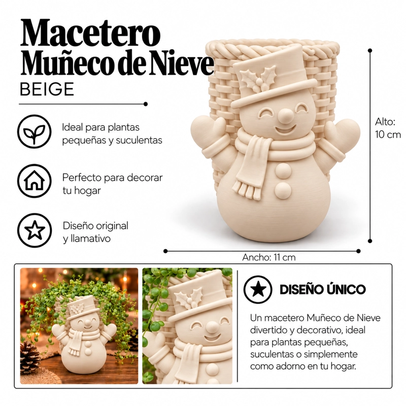 MACETERO DECORATIVO NAVIDAD- MUÑECO DE NIEVE 10 CM BEIGE - 2