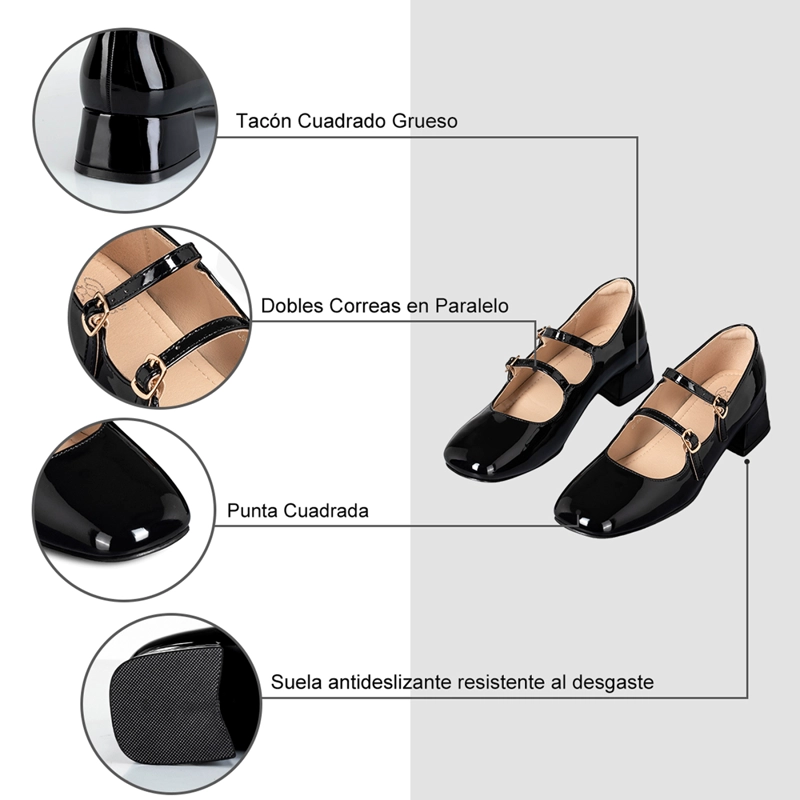 ZAPATOS MARY JANE CHAROL  NEGRO TACO MUJER WEIDE YL66 - 8