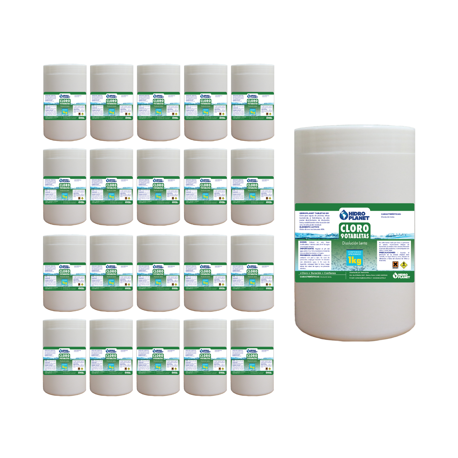 PACK 20 UNIDADES CLORO TABLETA PARA PISCINA, POTE 1KG - 1