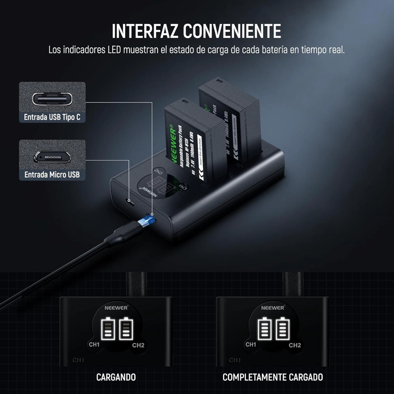 KIT 2 BATERIAS NEEWER NP-W126 1140MAH CON CARGADOR USB-C - 5