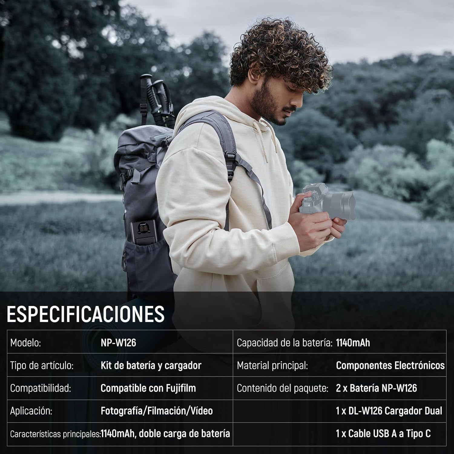 KIT 2 BATERIAS NEEWER NP-W126 1140MAH CON CARGADOR USB-C - 6