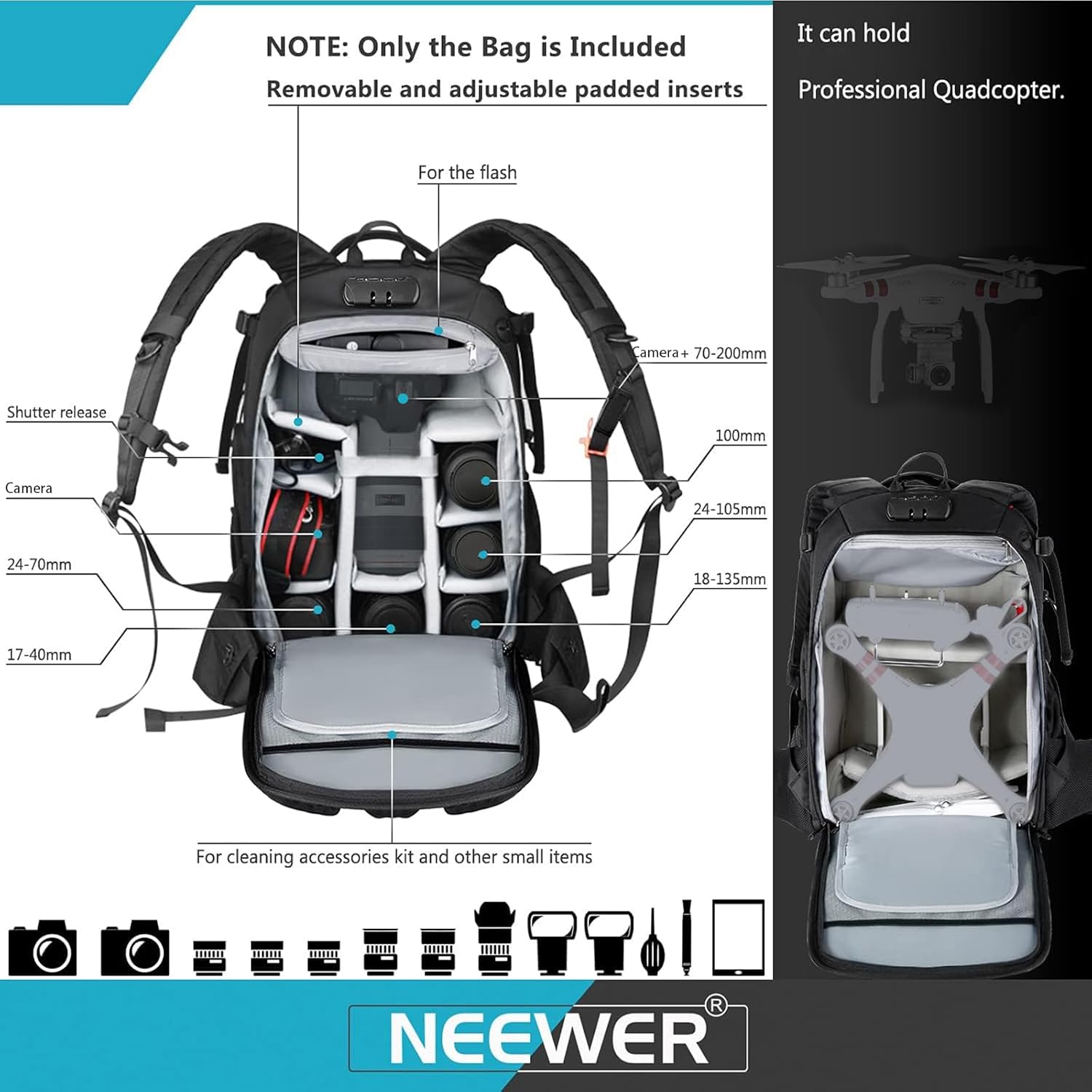 MOCHILA NEEWER 30L NEGRA PARA CAMARA Y DRON - 2