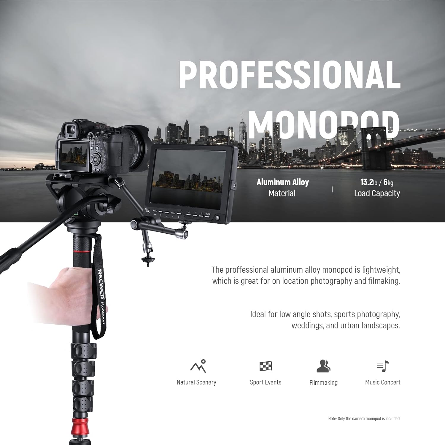 MONOPIE  NEEWER GM76 PROFESIONAL 179 CM CON CABEZAL FLUIDO - 2