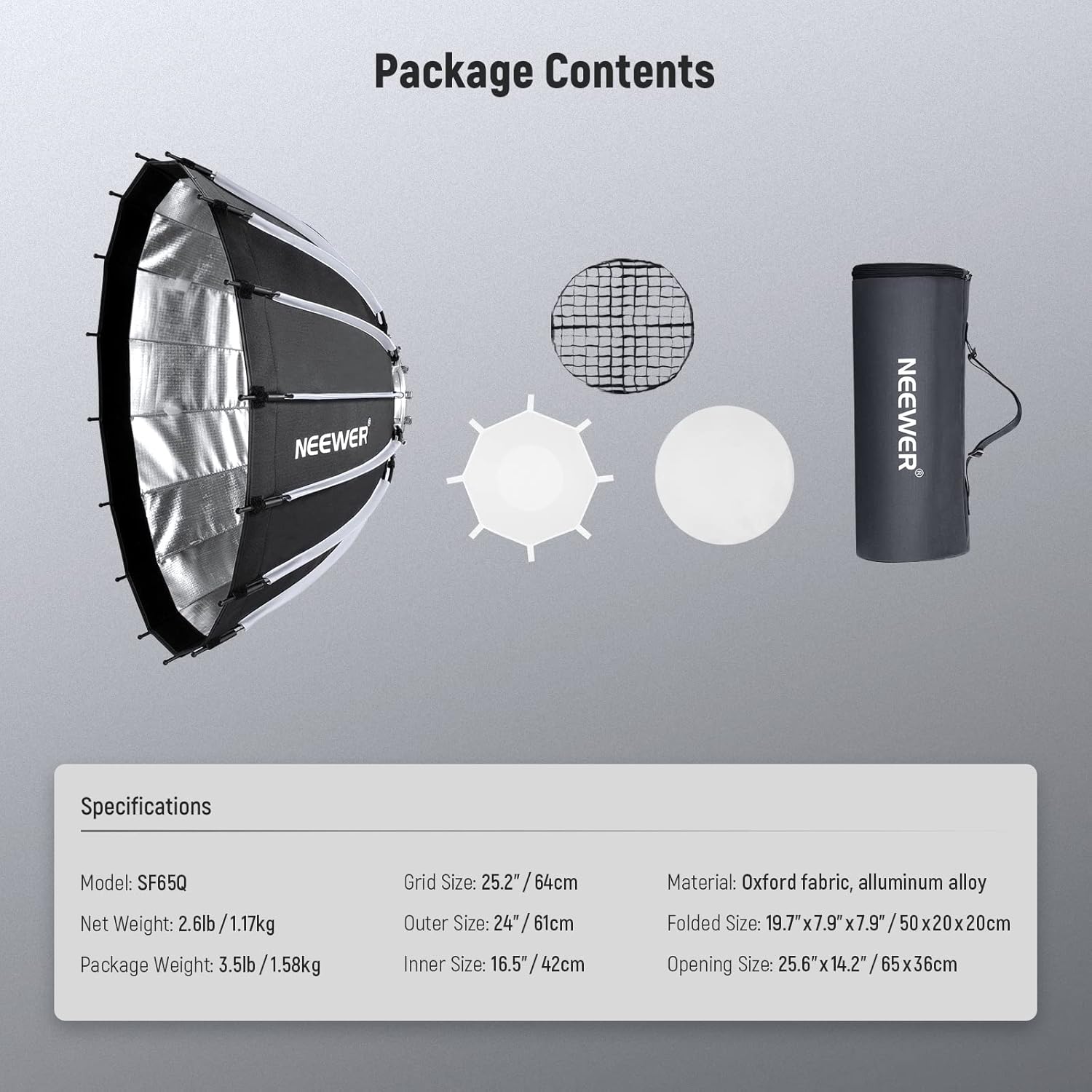 SOFTBOX PARABOLICO NEEWER 65 CM LIBERACION RAPIDA CON GRID - 7