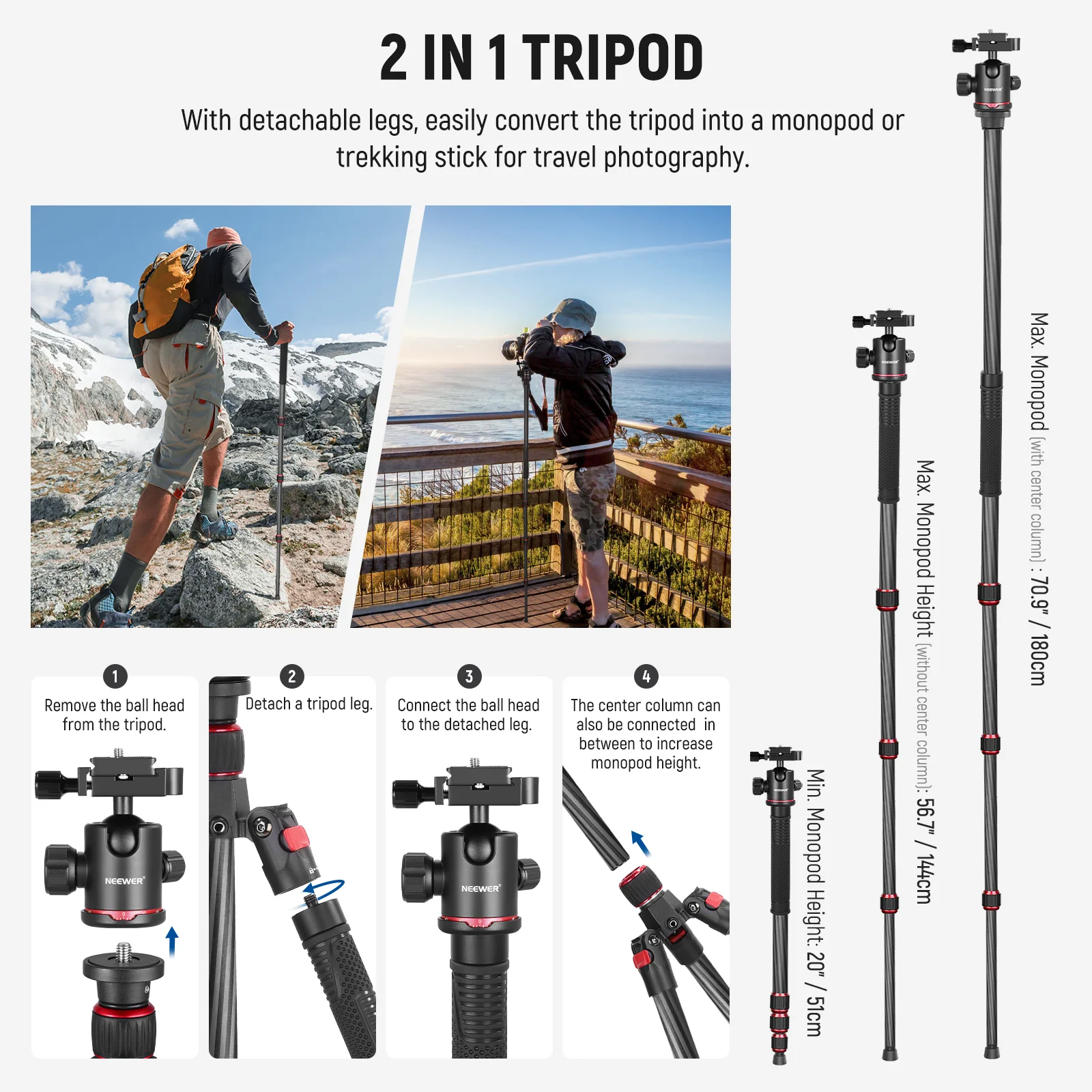 TRIPODE Y MONOPIE  NEEWER N55C DE FIBRA DE CARBONO DE 172 CM - 2