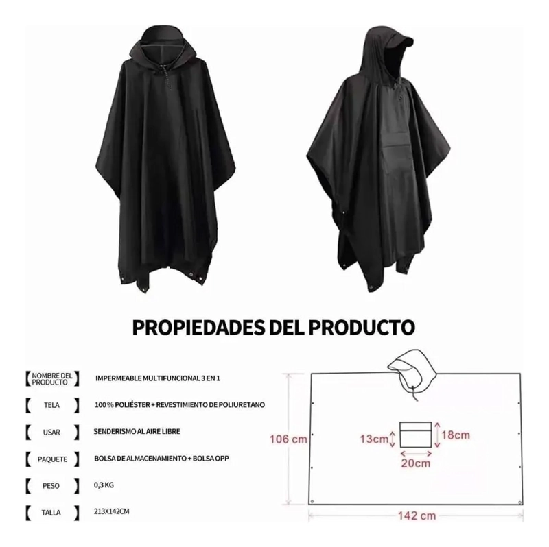 PONCHO IMPERMEABLE MULTIUSO210X140 PROTECCION LLUVIA CAMPING - 2