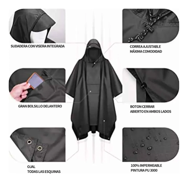 PONCHO IMPERMEABLE MULTIUSO210X140 PROTECCION LLUVIA CAMPING - 3