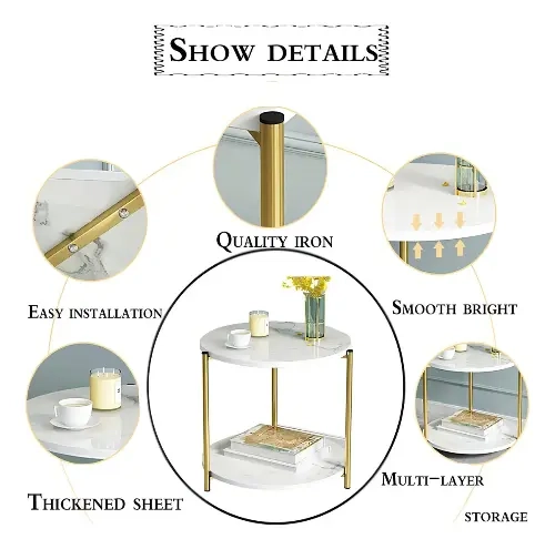 MESA AUXILIAR DECORATIVA PARA SALA DE ESTAR BLANCO Y DORADO - 3