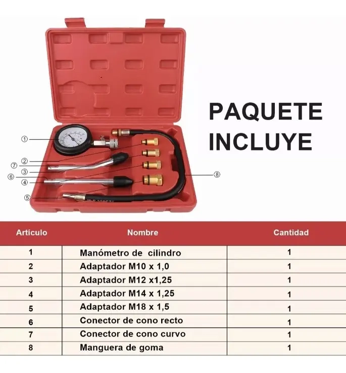 MEDIDOR DE COMPRESION  CILINDROS COMPRESIMETRO PARA MOTO AUTO ROJO - 8
