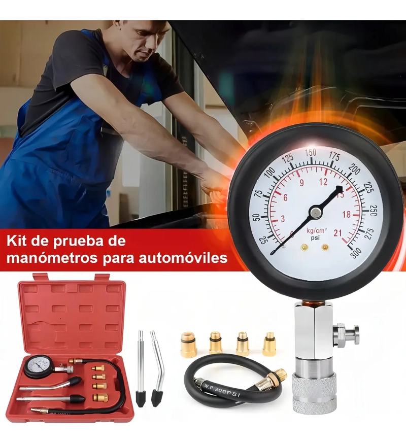 MEDIDOR DE COMPRESION  CILINDROS COMPRESIMETRO PARA MOTO AUTO ROJO - 9