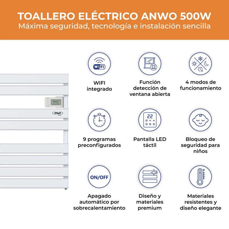 CALEFACTOR RADIADOR SECATOALLA PLANO ANWO 500W CON WIFI FLB.500 - 2