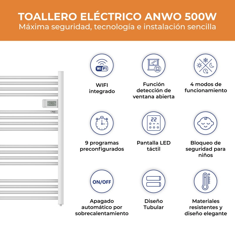 CALEFACTOR RADIADOR SECATOALLA TUBULAR ANWO 500W CON WIFI FL.500 - 2