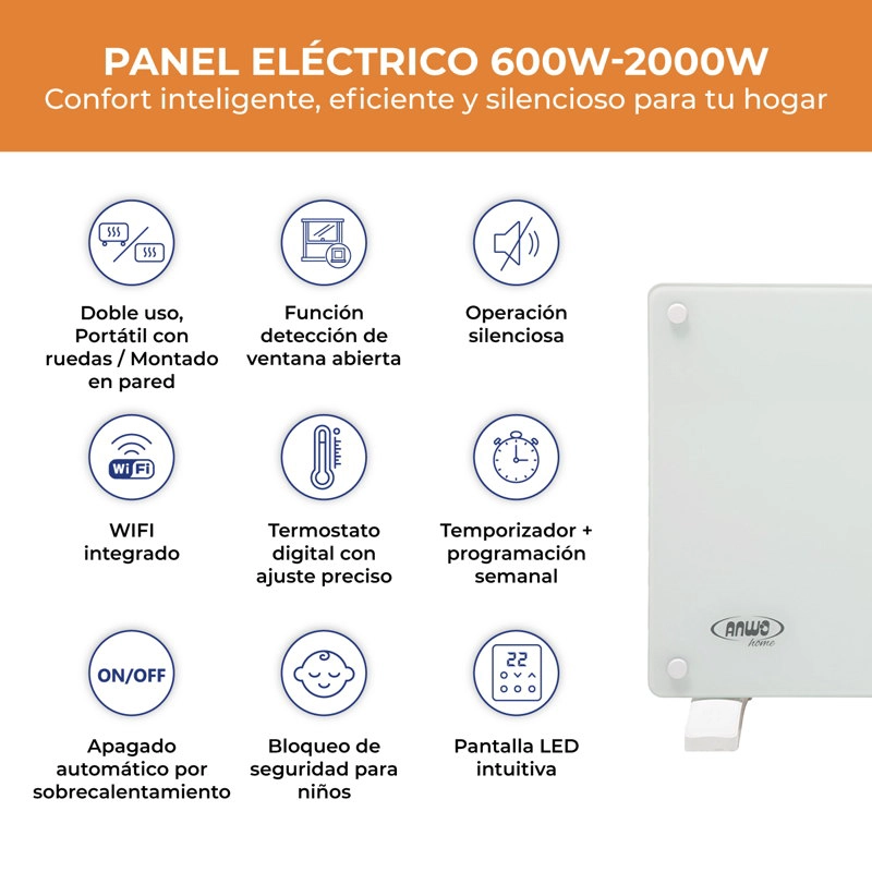 ESTUFA ELE CTRICA ANWO PANEL CONVECTIVO VIDRIO 2000W PROGRAMABLE CON WIFI - 2