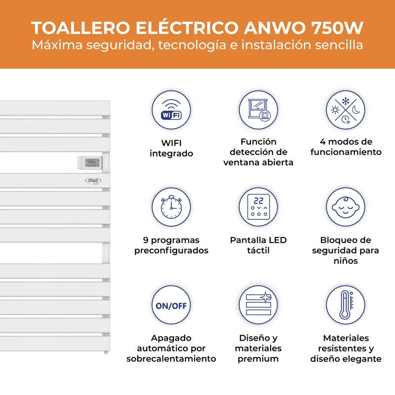 CALEFACTOR RADIADOR SECATOALLA PLANO ANWO 750W CON WIFI FLB.750 - 2