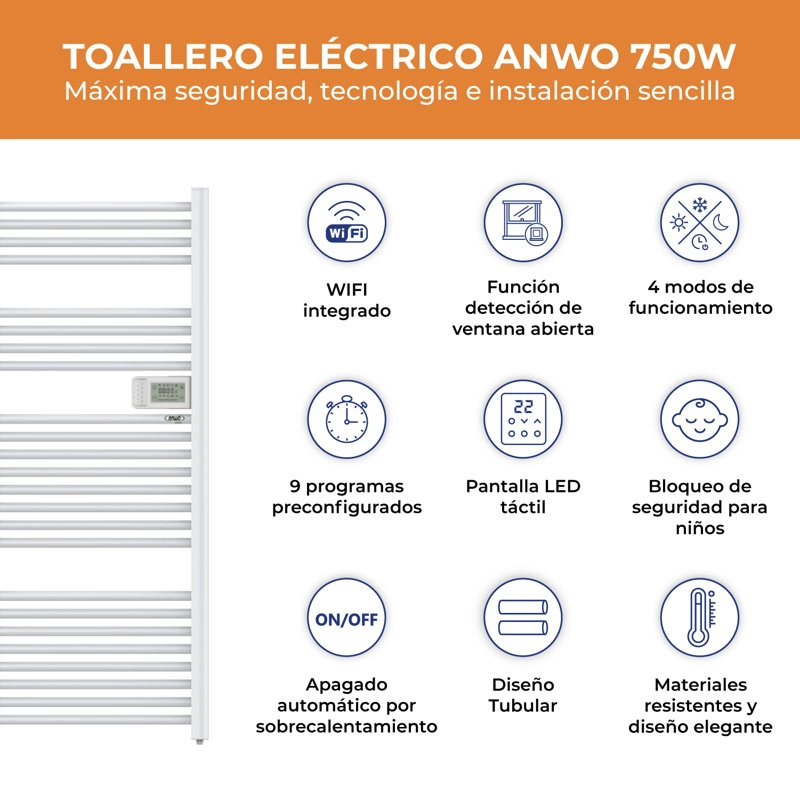 CALEFACTOR RADIADOR SECATOALLA TUBULAR ANWO 750W CON WIFI FL.750 - 2