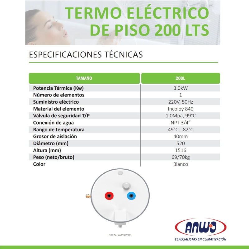 TERMO ELE CTRICO ANWO 200 LTS. PISO 3 KW VAN200LTS - 6