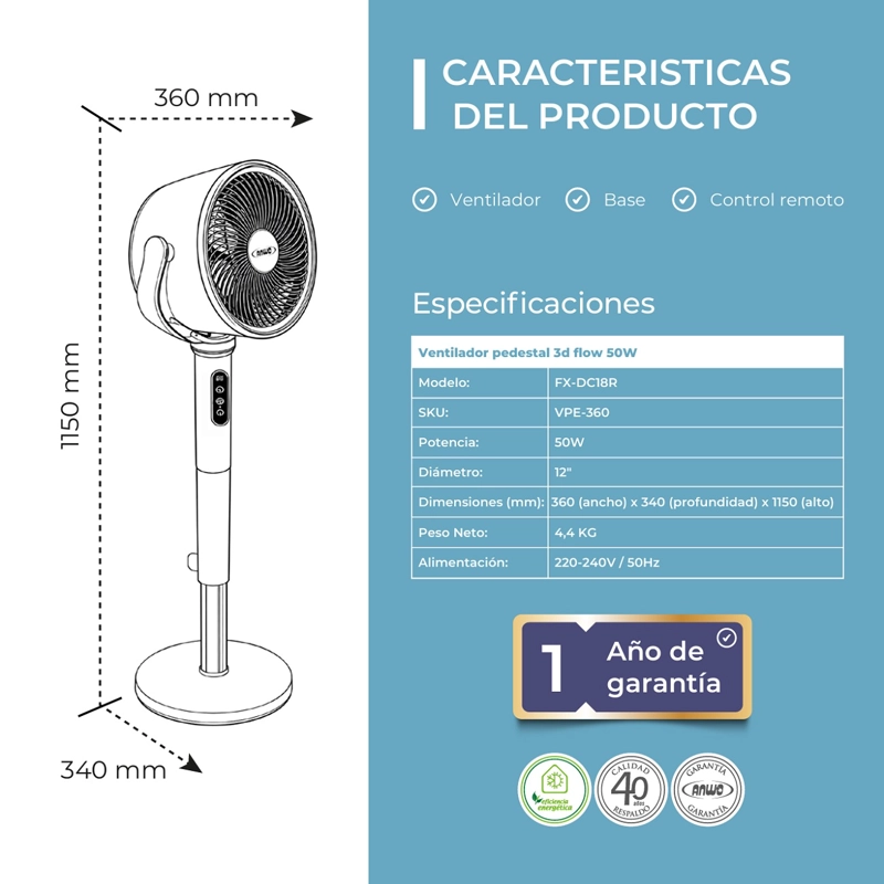 VENTILADOR PEDESTAL ANWO 3D FLOW BRIZO FX-DC18R OSCILACION 360°   - 6