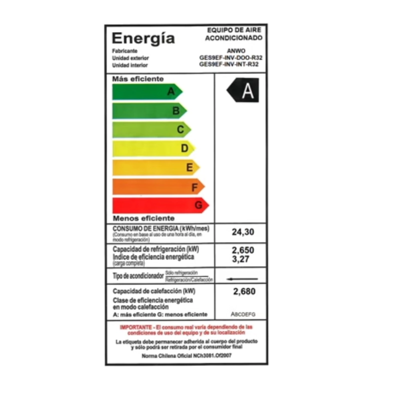 AIRE ACONDICIONADO SPLIT ANWO INVERTER ECOFLOW 9.000BTU C/WF - 12