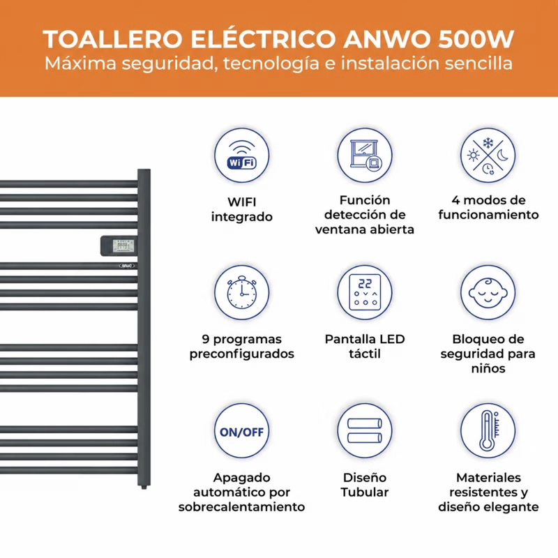 TOALLERO ELE CTRICO ANWO TUBULAR 500W GRIS PROGRAMABLE C/WIFI - 5