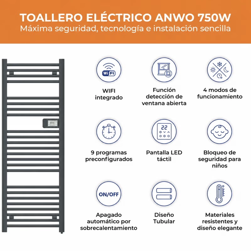 TOALLERO ELE CTRICO ANWO TUBULAR 750W GRIS PROGRAMABLE C/WIFI - 2