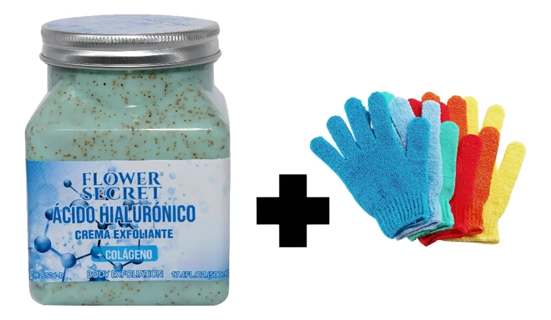 EXFOLIANTE CORPORAL Y FACIAL ACIDO HIALURONICO + COLAGENO 500 GRS + GUANTE MASAJEADOR - 1