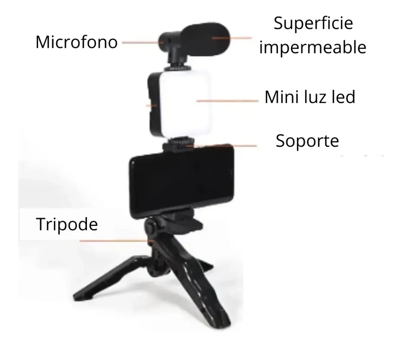 SOPORTE PARA CELULAR FOTOS VIDEOS TRIPODE MICROFONO LUZ LED - 3